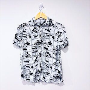 SIMONS Black & white comic print short sleeve shirt | Statement casual | Medium